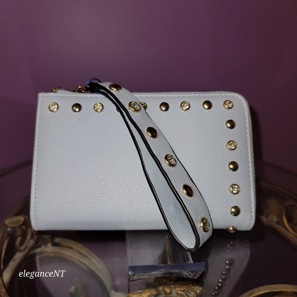 DS Bags Light Blue Studded wristlet wallet clutch with gem studded border NWT - Picture 5 of 11